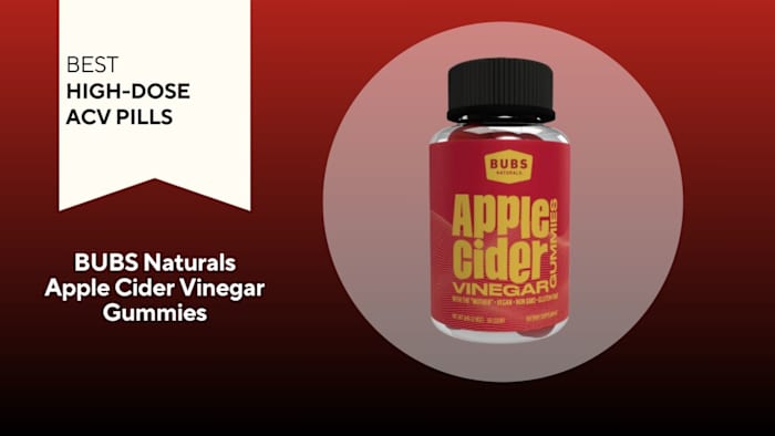 Clear pill bottle with a red label with yellow writing that reads Apple Cider Vinegar Gummies