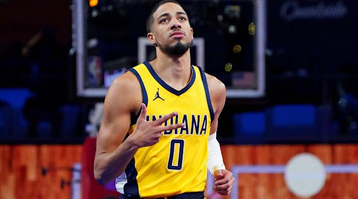 Dec 7, 2023; Las Vegas, Nevada, USA; Indiana Pacers guard Tyrese Haliburton (0) reacts to a play during the second quarter against the Milwaukee Bucks in the NBA In Season Tournament Semifinal at T-Mobile Arena. Mandatory Credit: Kyle Terada-USA TODAY Sports