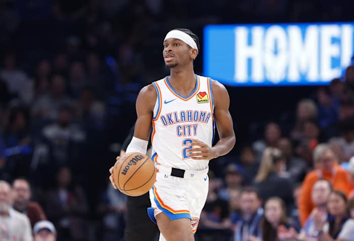 Dec 8, 2023; Oklahoma City, Oklahoma, USA; Oklahoma City Thunder guard Shai Gilgeous-Alexander (2) dribbles the ball down the court against the Golden State Warriors during the second quarter at Paycom Center.