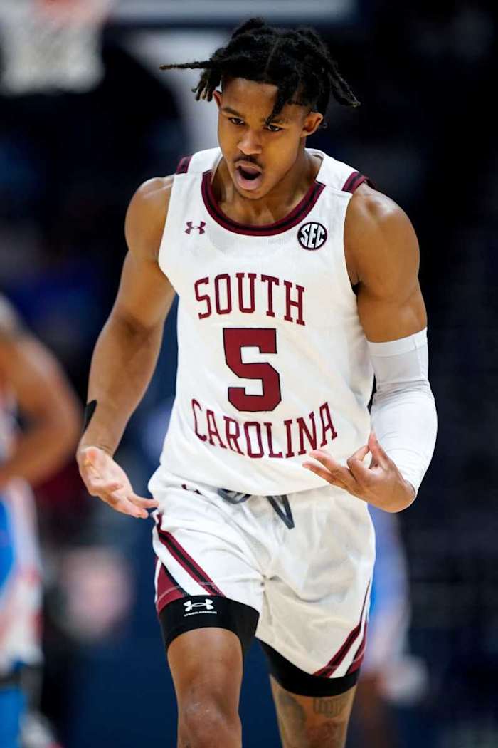 Meechie Johnson celebrating after a made three (8th Mar., 2023)