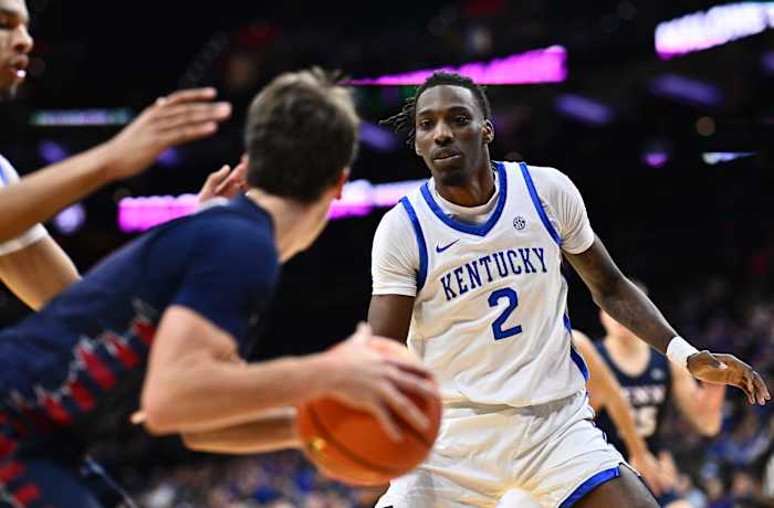 Dec 9, 2023; Philadelphia, Pennsylvania, USA; Kentucky Wildcats forward Aaron Bradshaw (2) defends Penn Quakers guard Clark Slajchert (0) in the first half at Wells Fargo Center. Mandatory Credit: Kyle Ross-USA TODAY Sports