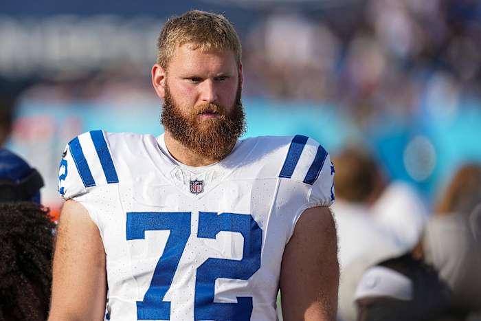 Indianapolis Colts offensive tackle Braden Smith (72) walks the sidelines Sunday, Dec. 3, 2023, during a game against the Tennessee Titans at Nissan Stadium in Nashville, Tenn.