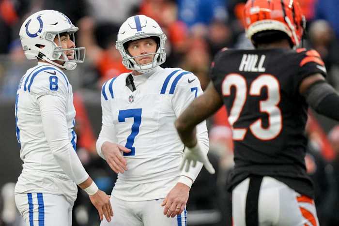 Indianapolis Colts place kicker Matt Gay (7) looks up at the goal posts after his kick bounced off the upright Sunday, Dec. 10, 2023, during a game against the Cincinnati Bengals at Paycor Stadium in Cincinnati.