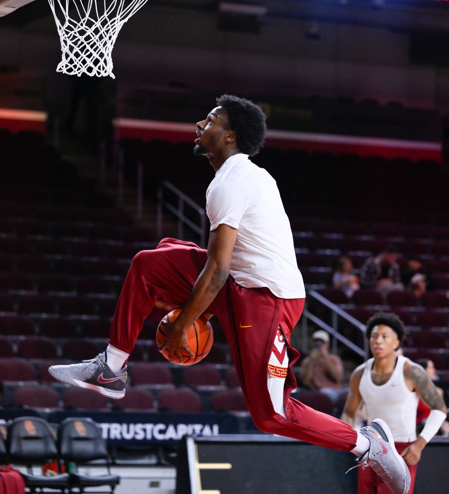 USC Trojans guard Bronny James dunks during pregame warm-ups.