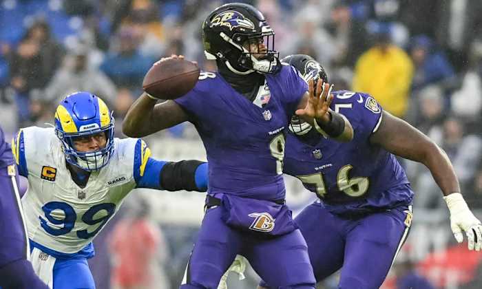 Baltimore Ravens quarterback Lamar Jackson threw for three touchdowns in a win over the Los Angeles Rams.