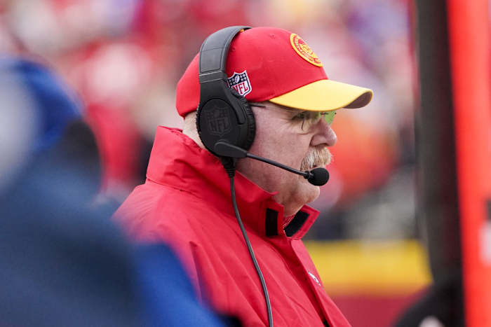 Dec 10, 2023; Kansas City, Missouri, USA; Kansas City Chiefs head coach Andy Reid watches play against the Buffalo Bills during the first half at GEHA Field at Arrowhead Stadium. Mandatory Credit: Denny Medley-USA TODAY Sports  
