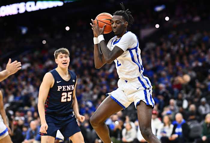 Dec 9, 2023; Philadelphia, Pennsylvania, USA; Kentucky Wildcats forward Aaron Bradshaw (2) grabs a rebound against the Penn Quakers in the first half at Wells Fargo Center. Mandatory Credit: Kyle Ross-USA TODAY Sports