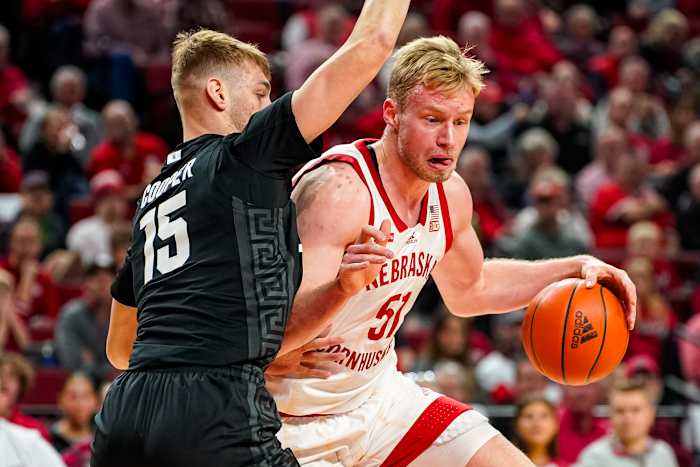 Nebraska forward Rienk Mast drives against Michigan State center Carson Cooper during the first half at Pinnacle Bank Arena. (Dec 10, 2023)