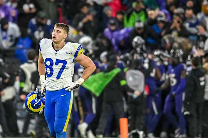 Dec 10, 2023; Baltimore, Maryland, USA; Davis Allen walks off the field after Baltimore Ravens wide receiver Tylan Wallace (16) returned a kick for a touchdown in overtime at M&T Bank Stadium. Mandatory Credit: Tommy Gilligan-USA TODAY Sports