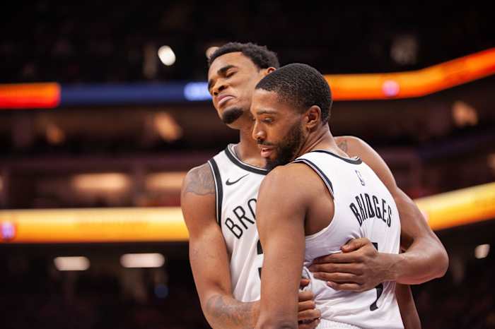 Brooklyn Nets center Nic Claxton (33) and forward Mikal Bridges (1)