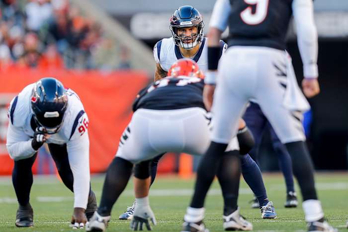 Texans linebacker Blake Cashman prepares for the snap by the Cincinnati Bengals in the second half at Paycor Stadium.