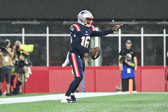 Aug 10, 2023; Foxborough, Massachusetts, USA; New England Patriots quarterback Malik Cunningham (16) reacts after a touchdown against the Houston Texans during the second half at Gillette Stadium.