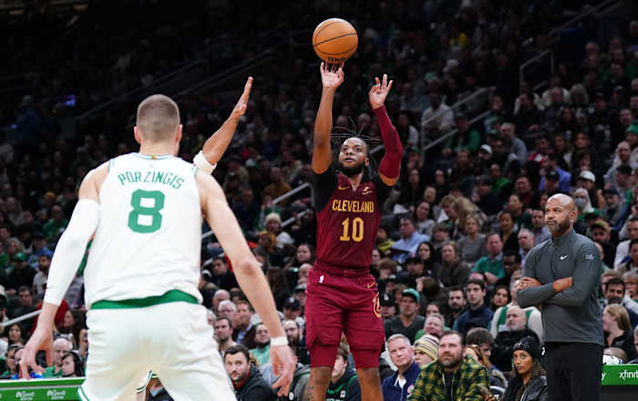 Dec 12, 2023; Boston, Massachusetts, USA; Cleveland Cavaliers guard Darius Garland (10) shoots against the Boston Celtics in the second quarter at TD Garden.
