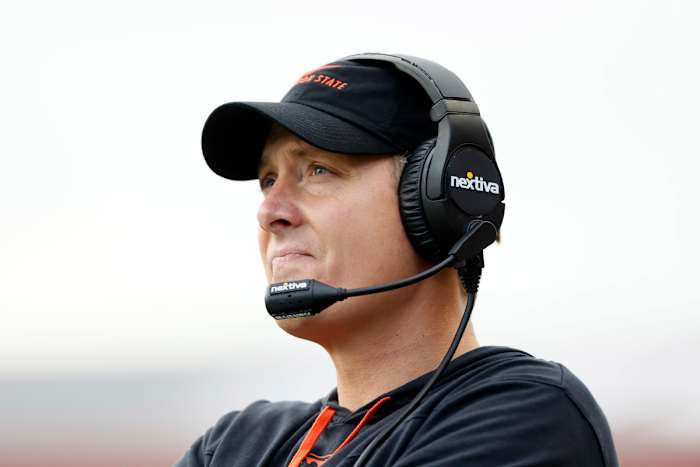 Nov 13, 2021; Corvallis, Oregon, USA; Oregon State interim defensive coordinator Trent Bray looks on during the first half against the Stanford Cardinal at Reser Stadium. Mandatory Credit: Soobum Im-USA TODAY Sports