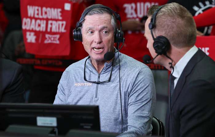 Dec 6, 2023; Houston, Texas, USA; Houston Cougars football head coach Willie Fritz is interviewed during the game against the Rice Owls at Fertitta Center. Mandatory Credit: Troy Taormina-USA TODAY Sports