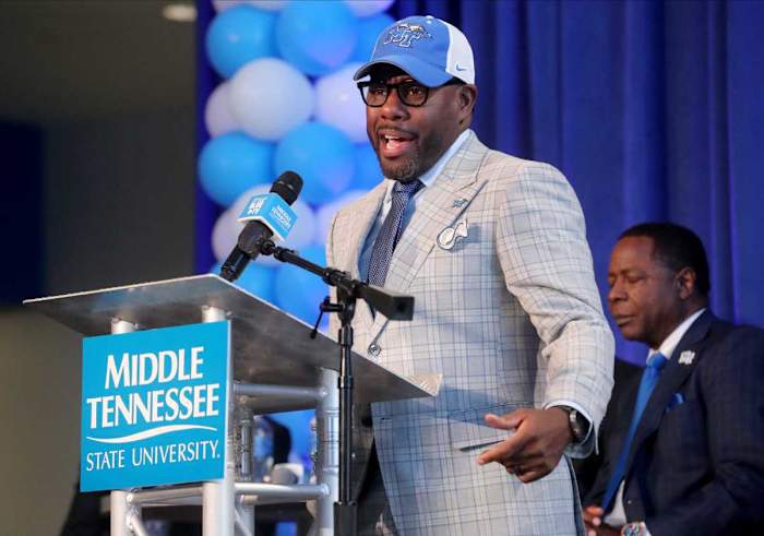 Derek Mason, the former Vanderbilt head football coach speaks during a public press conference announcing him as the new MTSU head football replacing former MTSU head football coach Rick Stockstill, on Wednesday, Dec. 6, 2023, during a press conference in the Student Union Building on campus.