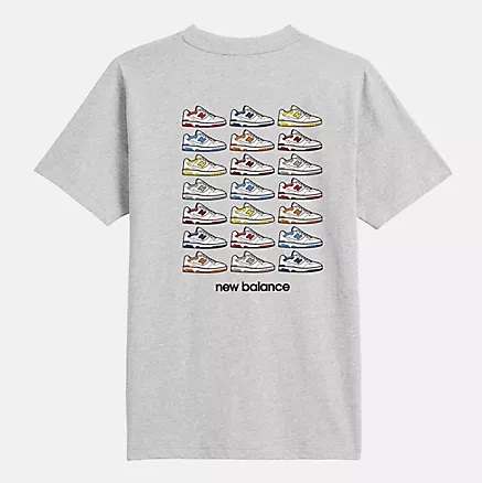 Grey New Balance shirt showing multi-color sneakers.
