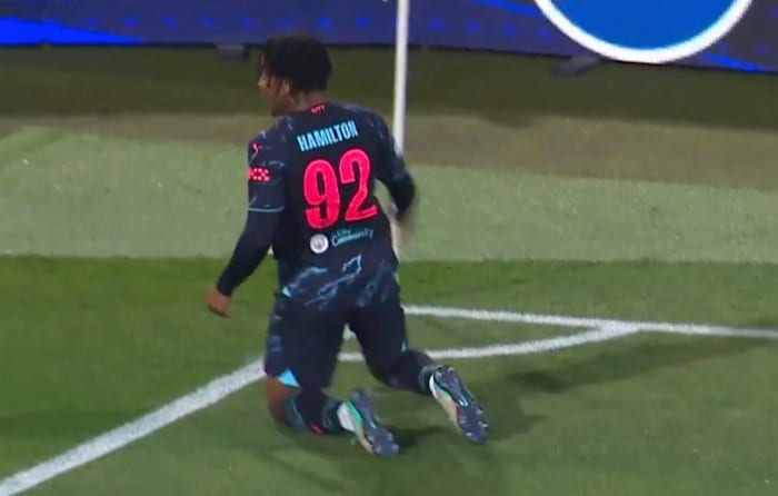 Micah Hamilton pictured celebrating after scoring a goal on his Manchester City debut - a 3-2 away win over Red Star Belgrade in the UEFA Champions League in December 2023