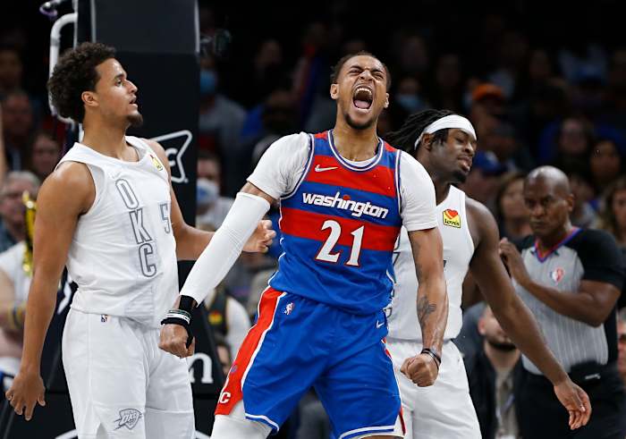 Washington Wizards center Daniel Gafford (21) celebrates after scoring a basket against the Oklahoma City Thunder during the second half at Paycom Center. Washington won 101-99.