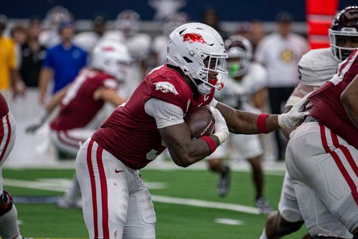 Raheim Sanders running the ball in a game against Texas A&M (30th Sept., 2023)
