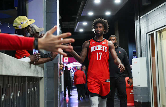 Houston Rockets forward Tari Eason (17) is congratulated by fans after the game against the San Antonio Spurs at Toyota Center.