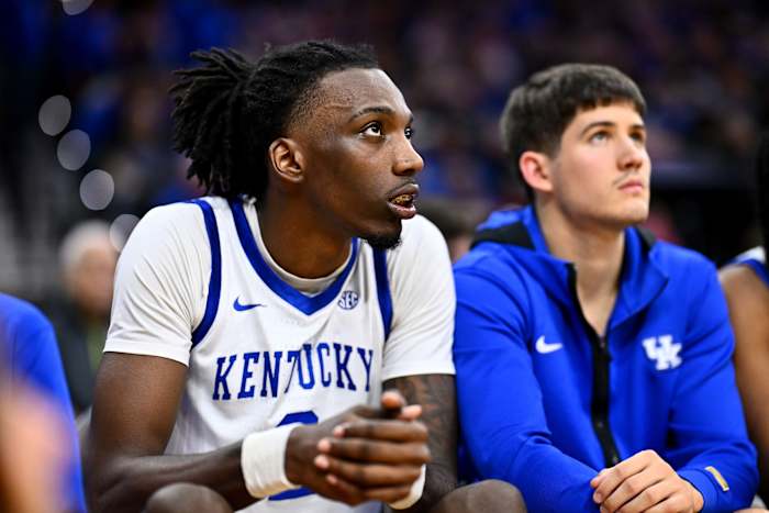 Dec 9, 2023; Philadelphia, Pennsylvania, USA; Kentucky Wildcats forward Aaron Bradshaw (2) looks on against the Penn Quakers in the second half at Wells Fargo Center. Mandatory Credit: Kyle Ross-USA TODAY Sports
