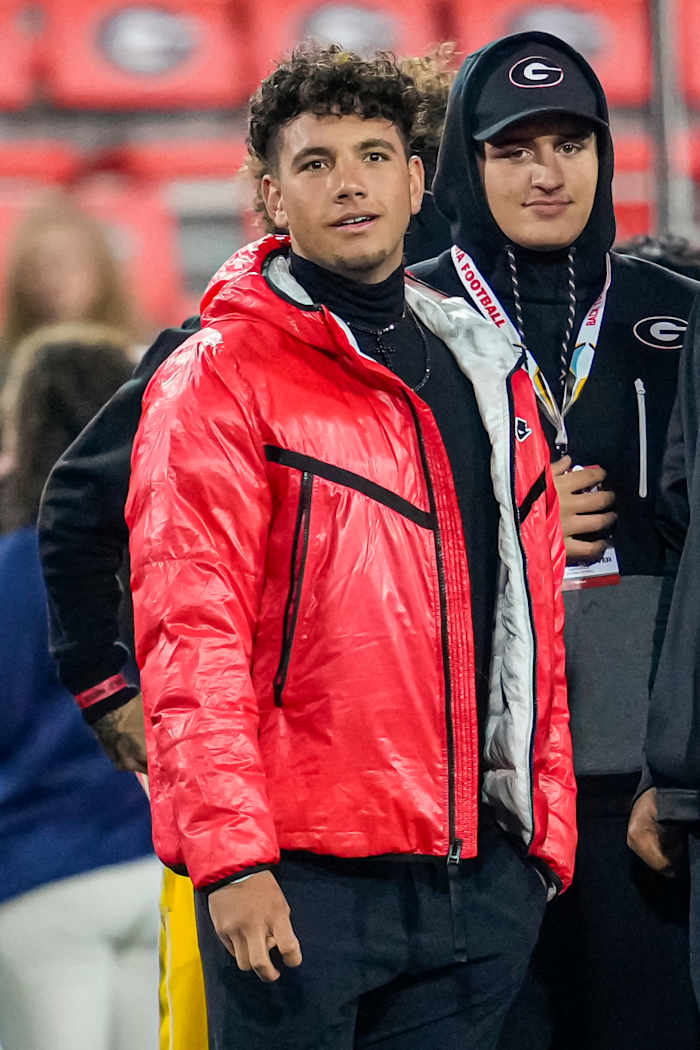 Nov 11, 2023; Athens, Georgia, USA; Buford high school quarterback Dylan Raiola on the sideline prior to the game between the Georgia Bulldogs against the Mississippi Rebels at Sanford Stadium. © Dale Zanine-USA TODAY Sports