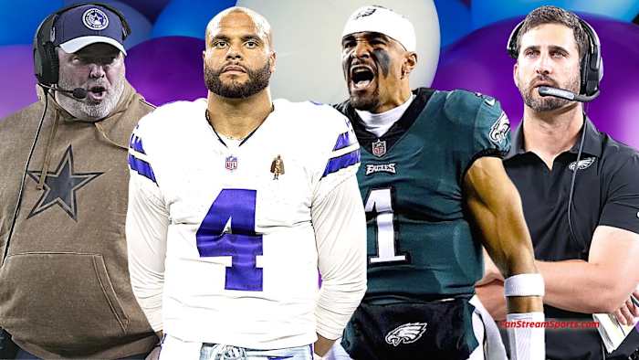 Mike McCarthy, Dak Prescott, Jalen Hurts, Nick Sirianni (L-R)