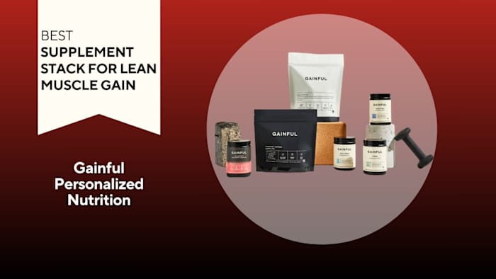 Multiple tubs and bags of Gainful products against a red background