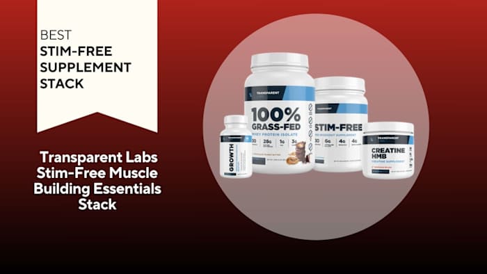 Four white tubs of Transparent Labs products against a red background