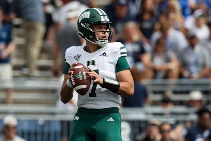 Ohio Bobcats quarterback Kurtis Rourke (7) drops back in the pocket during the first quarter against the Penn State Nittany Lions at Beaver Stadium.