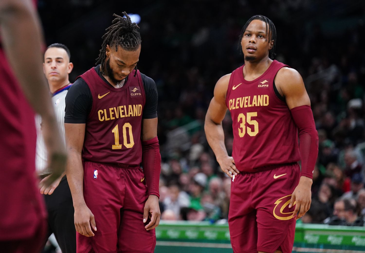 Dec 12, 2023; Boston, Massachusetts, USA; Cleveland Cavaliers guard Darius Garland (10) and forward Isaac Okoro (35) react after a call as they take on the Boston Celtics in the second half at TD Garden.