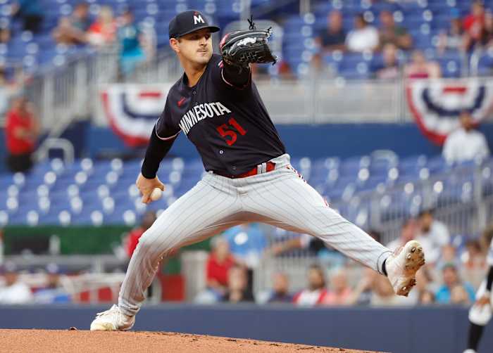 Apr 3, 2023; Miami, Florida, USA; Minnesota Twins starting pitcher Tyler Mahle (51) pitches against the Miami Marlins during the first inning at loanDepot Park. Mandatory Credit: Rhona Wise-USA TODAY Sports