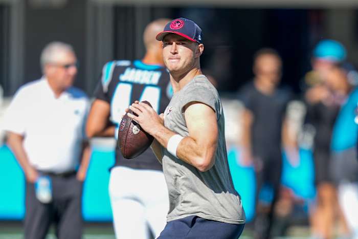 Texans quarterback Davis Mills during warmups against the Carolina Panthers at Bank of America Stadium.