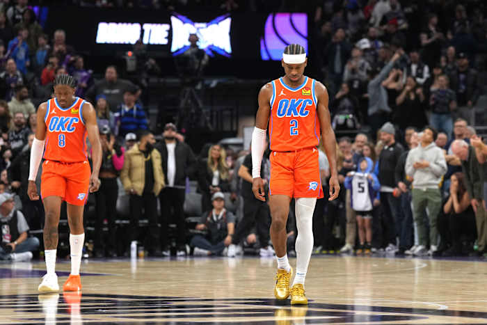 Dec 14, 2023; Sacramento, California, USA; Oklahoma City Thunder guard Shai Gilgeous-Alexander (2) walks to the bench during the fourth quarter against the Sacramento Kings at Golden 1 Center.