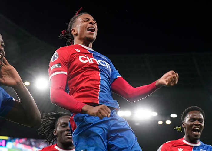 Michael Olise pictured celebrating after scoring a 95th-minute equalizer to earn Crystal Palace a 2-2 draw at Manchester City in December 2023