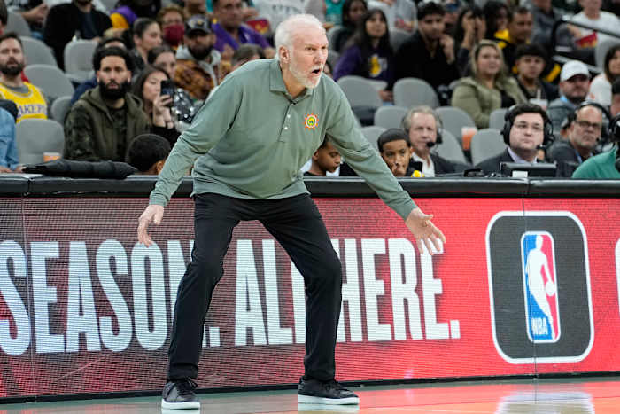 Dec 15, 2023; San Antonio, Texas, USA; San Antonio Spurs head coach Gregg Popovich signals to players during the second half against the Los Angeles Lakers at Frost Bank Center.