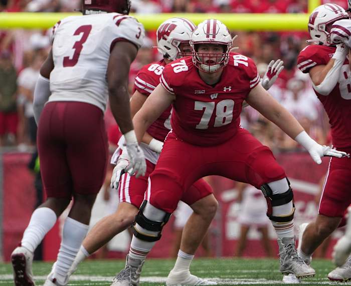 Wisconsin offensive lineman Trey Wedig (78) prods pass protection during the first quarter of their game against New Mexico State Saturday, September 17, 2022 at Camp Randall Stadium in Madison, Wis.