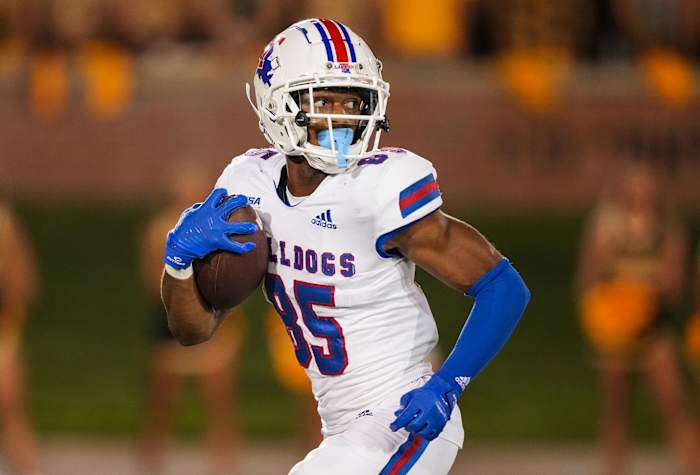 Sep 1, 2022; Columbia, Missouri, USA; Louisiana Tech Bulldogs wide receiver Cyrus Allen (85) runs for a touchdown against the Missouri Tigers during the second half at Faurot Field at Memorial Stadium.