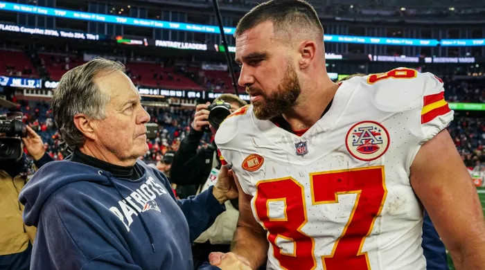 Belichick and Kelce shake hands after Sunday's game.