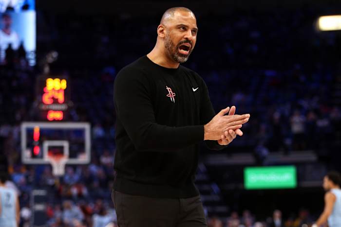 Rockets head coach Ime Udoka reacts during the first half against the Memphis Grizzlies at FedExForum.
