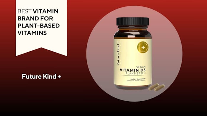 Brown pill bottle with a yellow label that says vitamin D3 against a red background