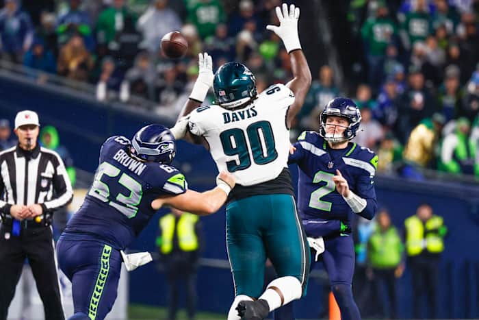 Seattle Seahawks quarterback Drew Lock (2) passes against the Philadelphia Eagles during the fourth quarter at Lumen Field.