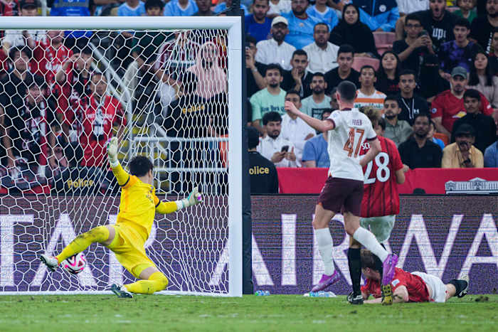 Urawa Red Diamonds defender Marius Hoibraten pictured (bottom right) moments after scoring an own goal to put Manchester City 1-0 up in a FIFA Club World Cup semi-final in December 2023