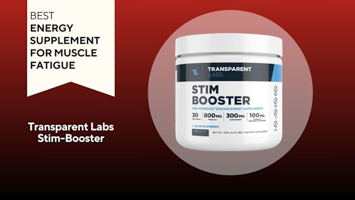 White tube with blue writing that says "STIM BOOSTER" against a red background