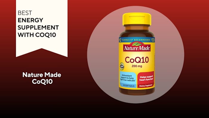 Brown pill bottle with a yellow label that says "CoQ10" against a red background