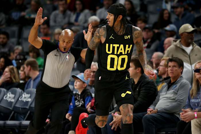 Jazz guard Jordan Clarkson (00) reacts after a three-point basket during the first half against the Memphis Grizzlies at FedExForum.