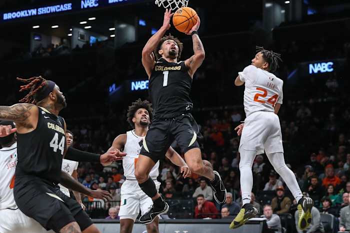 Dec 10, 2023; Brooklyn, New York, USA; Colorado Buffaloes guard J'Vonne Hadley (1) drives to the basket in the second half against the Miami (Fl) Hurricanes at Barclays Center