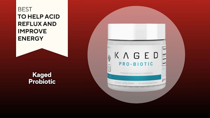 White tub with black writing that says "KAGED PRO-BIOTIC" against a red background