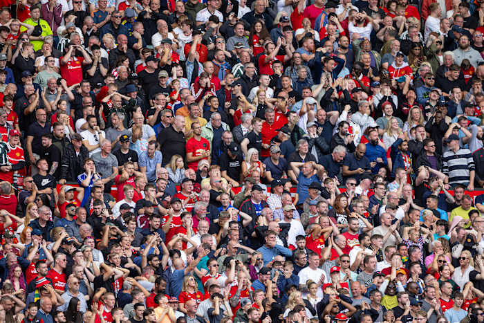 Manchester United fans pictured at Old Trafford during a Premier League game against Nottingham Forest in August 2023